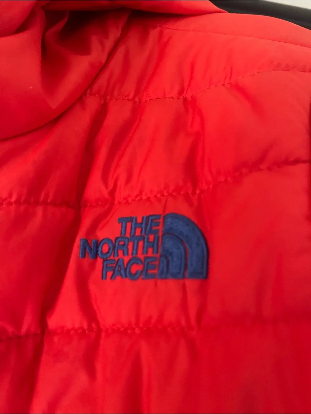 The North Face reversible Solid Red or Vibrant Striped side Puffer Jacket.